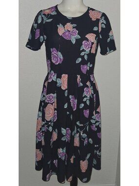 LuLaRoe Amelia Dress Navy Blue Floral Pink Purple Green Pockets Size Large